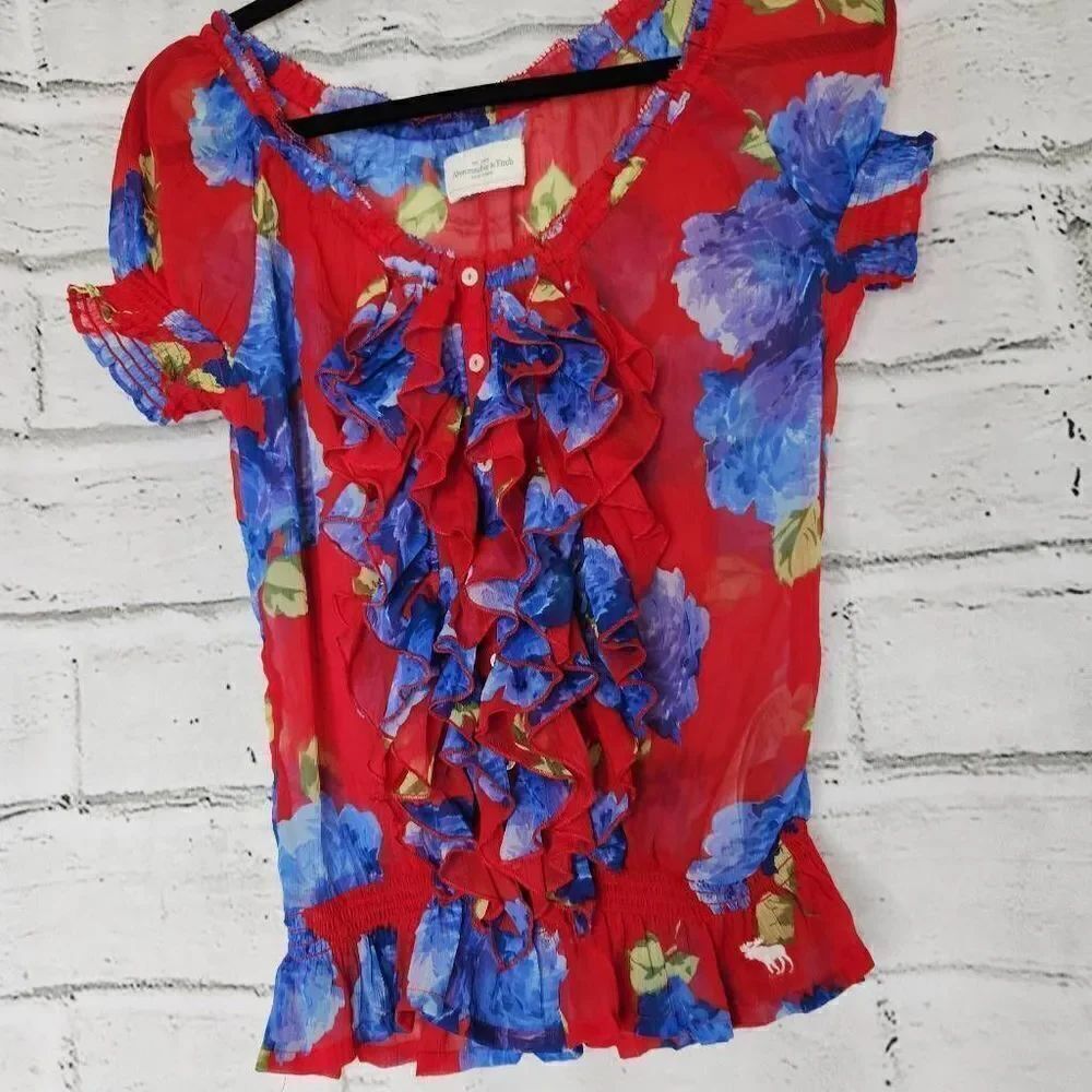 Abercrombie and Fitch Red Blue Floral Semi Sheer Peplum Top Womens Small Ruffle